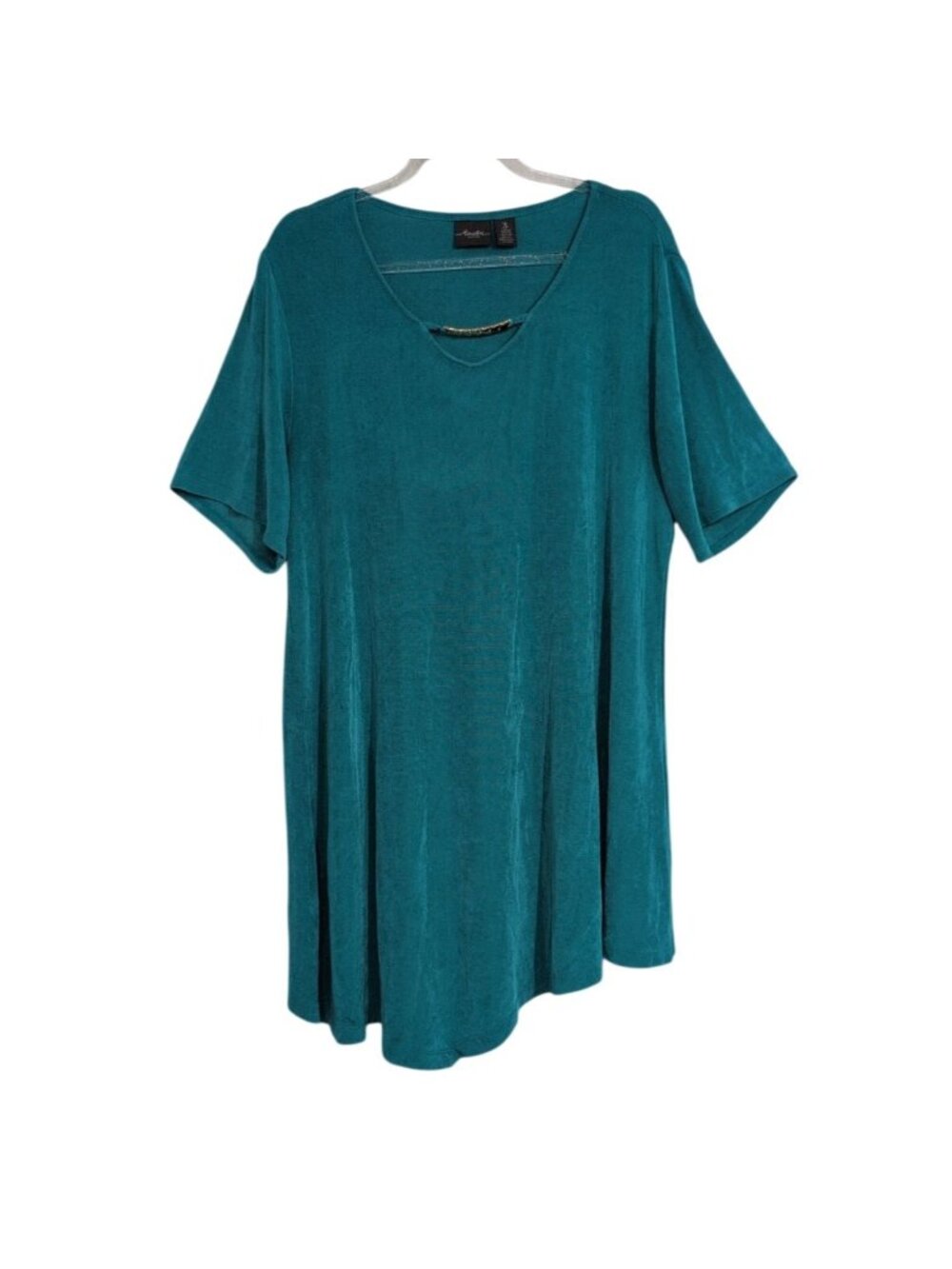 Chicos Travelers 3 Asymmetrical Hem Tunic Womens Size XL Teal Blue Spandex Boho
